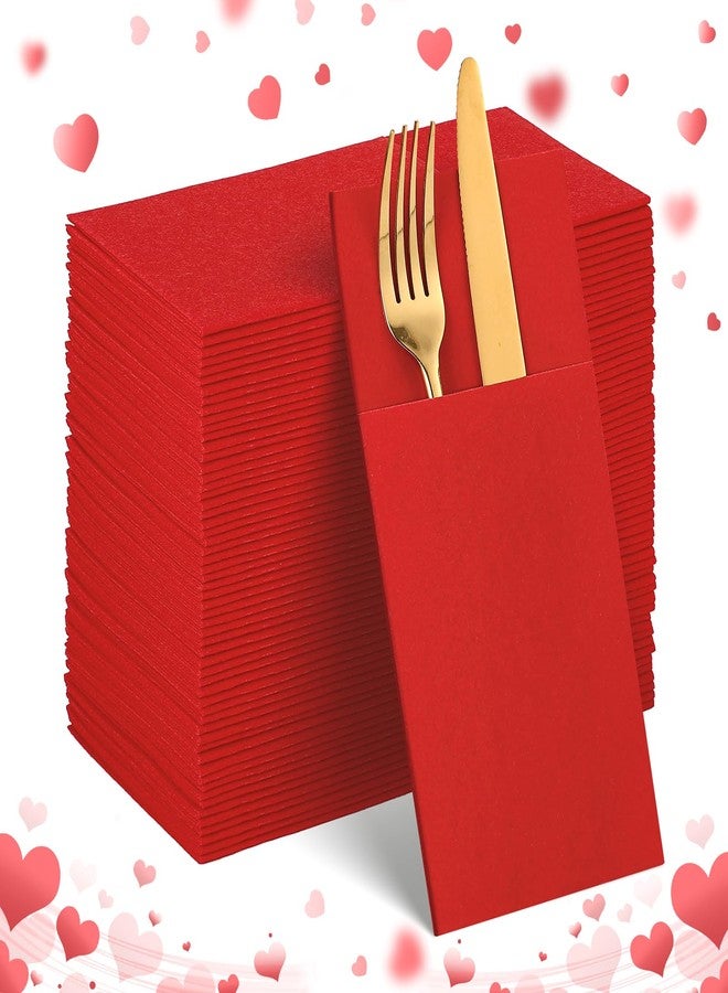 NatNarr 60 Pcs Red Linen-Feel Paper Napkins with Built-in Flatware Pocket, Valentine's Day Pocket Linen Napkin Prefolded Cloth Like Paper Napkin Bulk for Anniversay Silverware Birthday Bathroom Wedding Party - Image 1